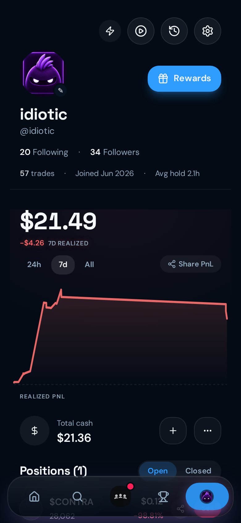 Your profit and loss chart and open positions in the YAP app.
