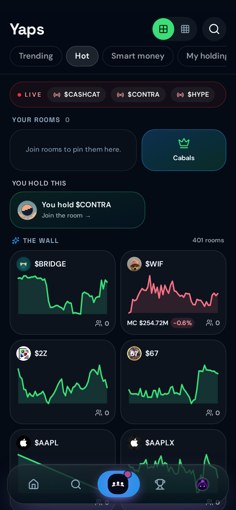 Live rooms on YAP: tap a coin's room to tune in and chat.